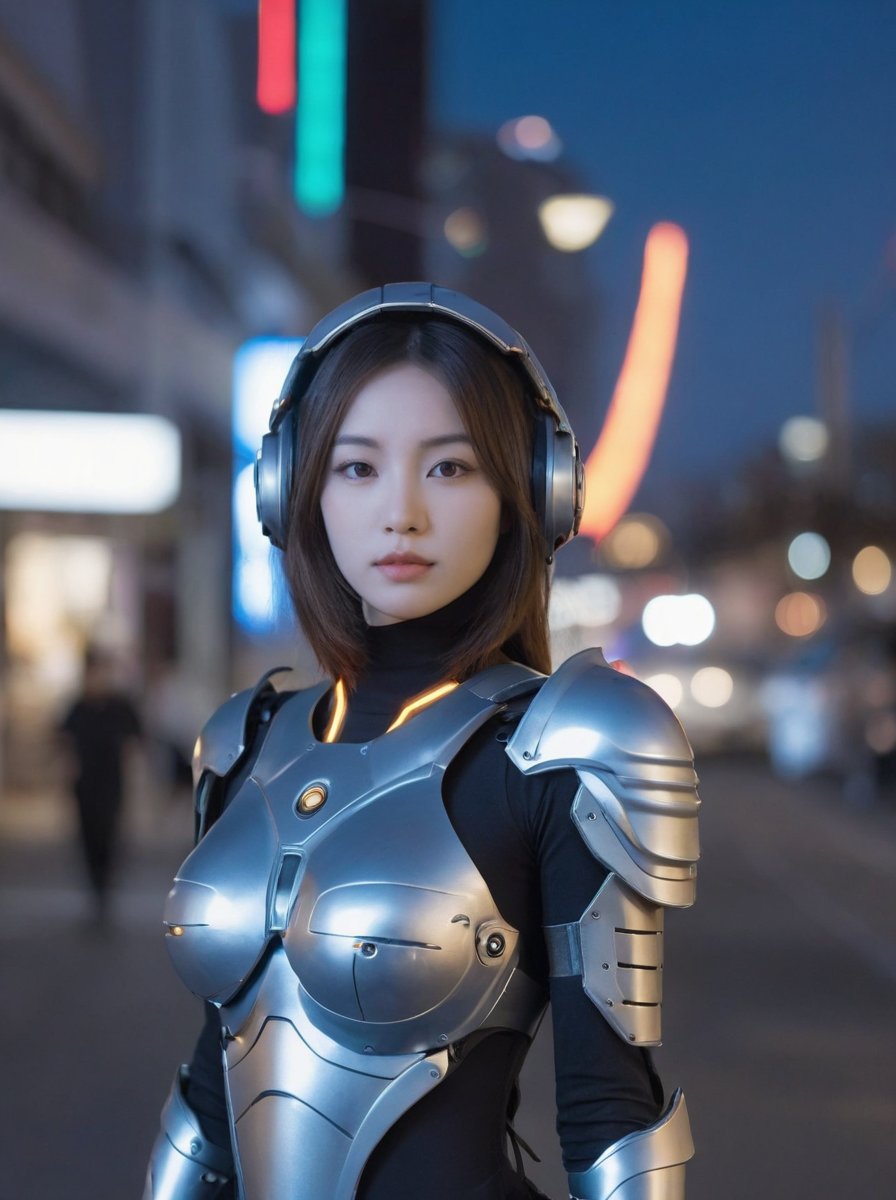 a female character wearing futuristic armor. She wears an advanced full-coverage helmet with a metallic surface and multiple orange indicator lights. Her eyes looked focused and her face had a calm expression. Her armor also has a high-tech feel and is rich in details. The color is mainly gray and white with black lines and some orange lighting embellishments. The armor is very intricately designed and appears to provide additional functionality or protection. The background,although blurry,is identifiable as an urban setting,suggesting that this could be in a busy metropolis.,fabric draping,photoshoot,artistic composition,side lighting,blue gradient dress,tranquil atmosphere,delicate accessories,hair ornaments.,porous texture,lunar colony terrace,centered subject,very very highly detailed,Cyborg figure,advanced robotics,Lovecraftian horror,visual storytelling,suave