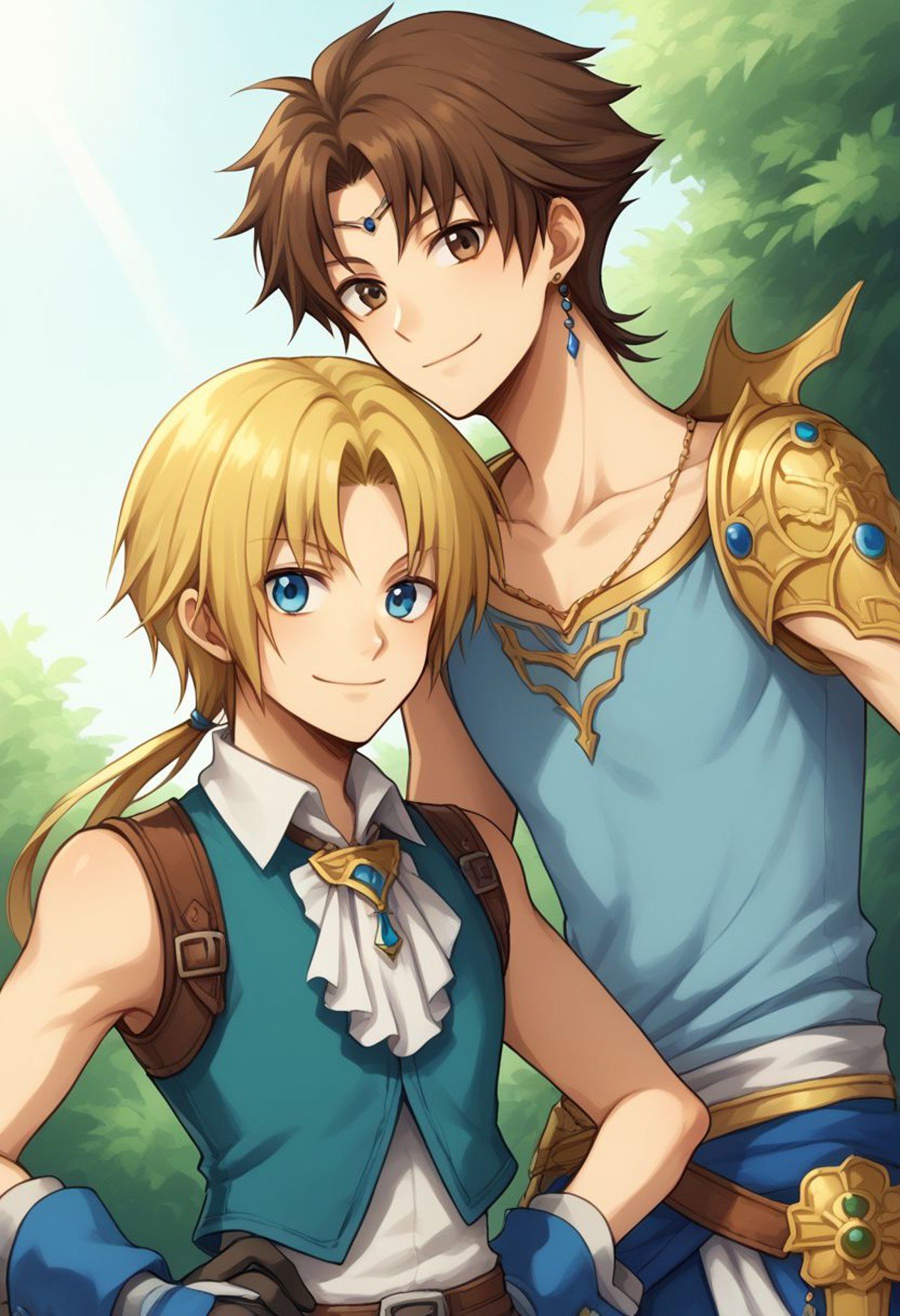 score_9, score_8_up, source_anime, highly detailed, 2boys, skinny,bartz, brown hair, short hair, 1boy, male focus, jewelry, earrings, boots, hand on hip, brown eyes, smile, BREAKzidane, 1boy, blonde hair, long hair, monkey tail, low ponytail, bangs,  parted bangs, gloves, blue eyes, upper body, smile, outdoor, 