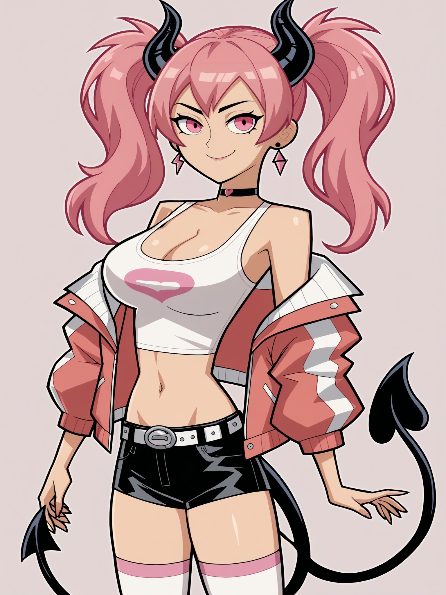 score_9, score_8_up, score_7_up, score_6_up, score_5_up,Natsu, 1girl, large_breasts, pink_hair, spiked_hair,1girl, solo, breasts, tail, pink_hair, horns, demon_tail, shorts, jacket, twintails, large_breasts, smile, looking_at_viewer, long_hair, navel, choker, black_background, pink_eyes, short_shorts, belt, demon_girl, pink_jacket, demon_horns, simple_background, tank_top, open_jacket, cleavage, black_shorts, open_clothes, thighhighs, off_shoulder, bare_shoulders, closed_mouth, head_tilt, hair_between_eyes, cowboy_shot, jewelry, micro_shorts, collarbone, black_choker, white_thighhighs, crop_top, bangs, earrings, clothes_writing, shirt, midriff, standing, see-through, contrapposto, long_sleeves <lora:Danny_Phantom_(Style):1>