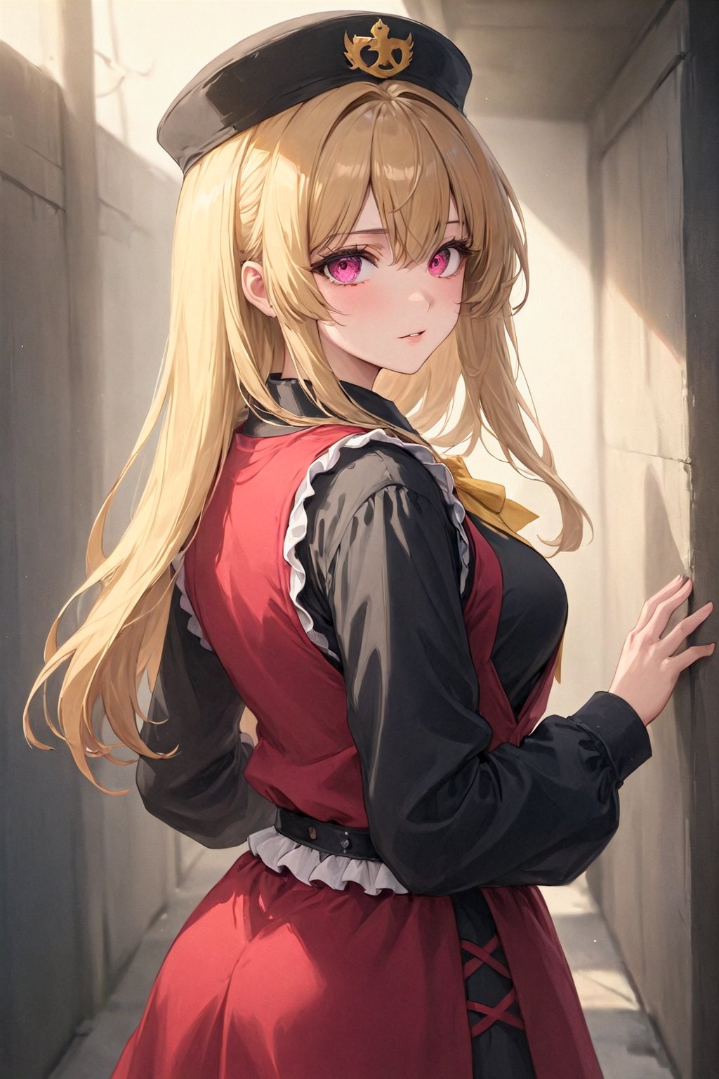 1girl, bangs, belt, black belt, black dress, black headwear, black sleeves, blonde hair, blurry, bow, bowtie, crescent, dress, from behind, hair between eyes, hat, junko (touhou), long hair, long sleeves, looking at viewer, looking back, otomeza ryuseigun, phoenix crown, pink eyes, pom pom (clothes), red vest, simple background, solo, tabard, touhou, vest, white background, yellow bow, yellow bowtie, basement, best quality, amazing quality, very aesthetic, incredibly absurdres, (best quality, 4k, 8k, highres, masterpiece, absurd, raytracing:1.2), absurdres, very aesthetic, (perfect hands, perfect anatomy), The highest image quality, excellent detail, ultra-high resolution, best illustration, attention to detail, detailed hands, expressive eyes, detailed eyes, detailed face, highly detailed