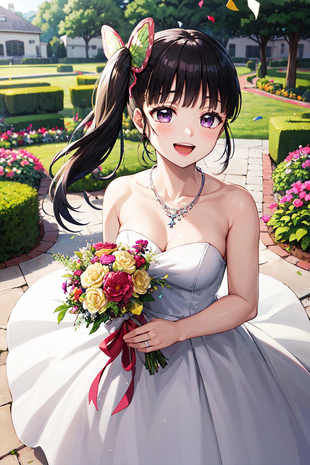 masterpiece, best quality, highres, aakanao, long hair, side ponytail, hair ornament, <lora:tsuyuri_kanao_v1:0.8>, wedding dress, strapless, necklace, white dress, garden, standing, cowboy shot, holding bouquet, open mouth, smile, (confetti:1.1)