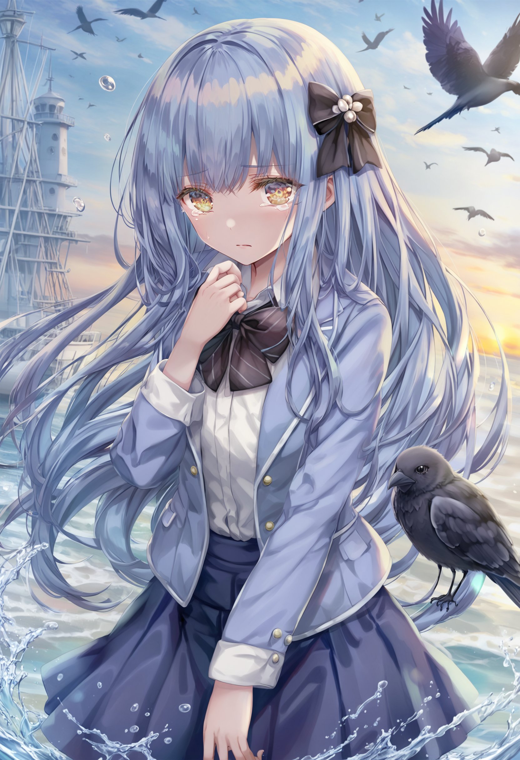 masterpiece, best quality,1girl,   bird, solo, long hair, bow, black bow, hair bow, blue hair, blue theme, crying, tears, sky, yellow eyes, ocean, wince, crying with eyes open, white shirt, white bow, blue skirt, shirt, multiple hair bows, looking at viewer, bowtie, eyeball, crow, jacket, blue background, blue jacket, black bowtie, skirt, upper body, expressionless <lora:torinoXLlokr8f-000182:0.95>