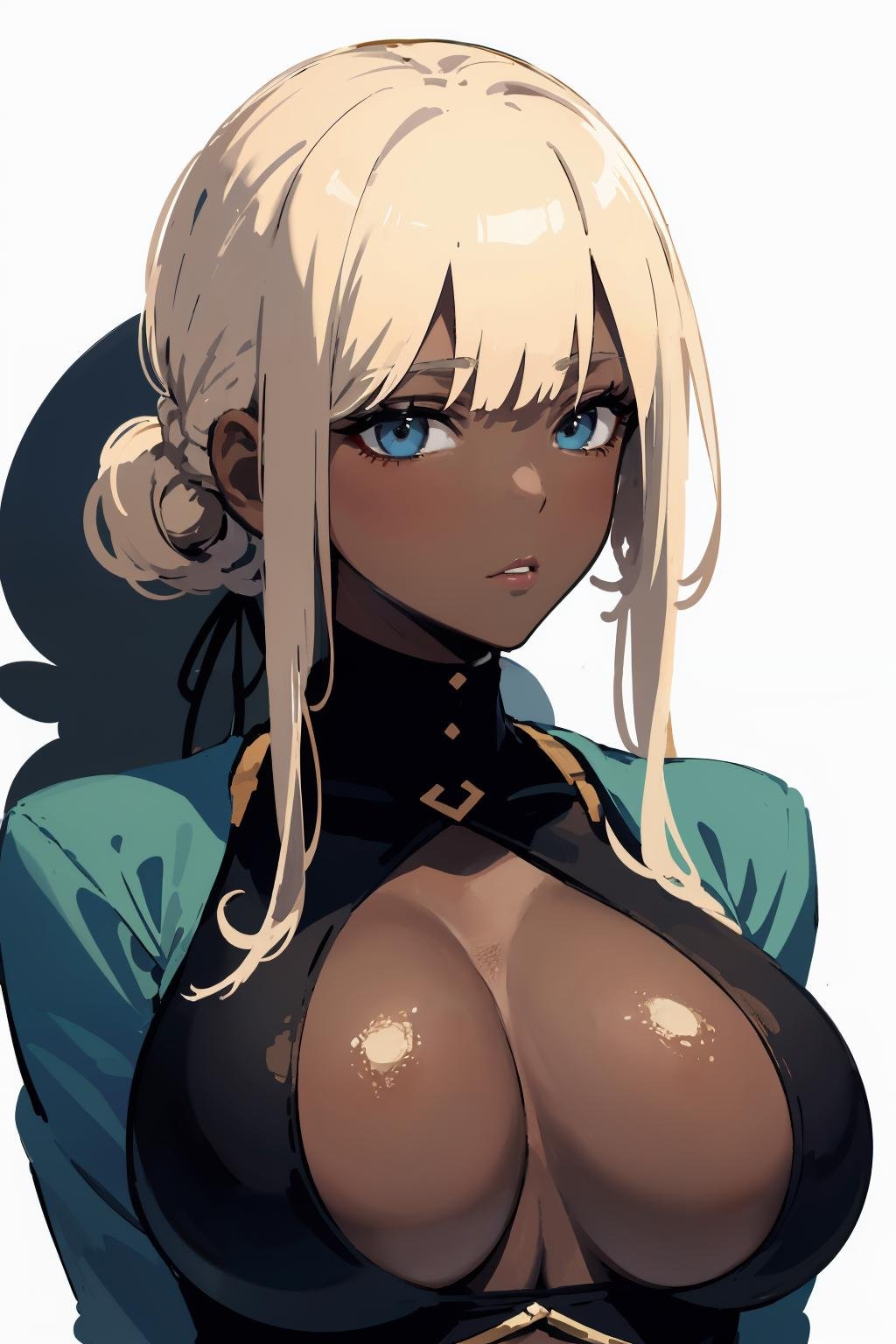 masterpiece,high quality,highres,1girl,solo,<lora:darkskin-v2-wasabiya:1>,dark-skinned female,huge breasts,dress,upper body,arms behind back,blonde,white background,very dark skin,