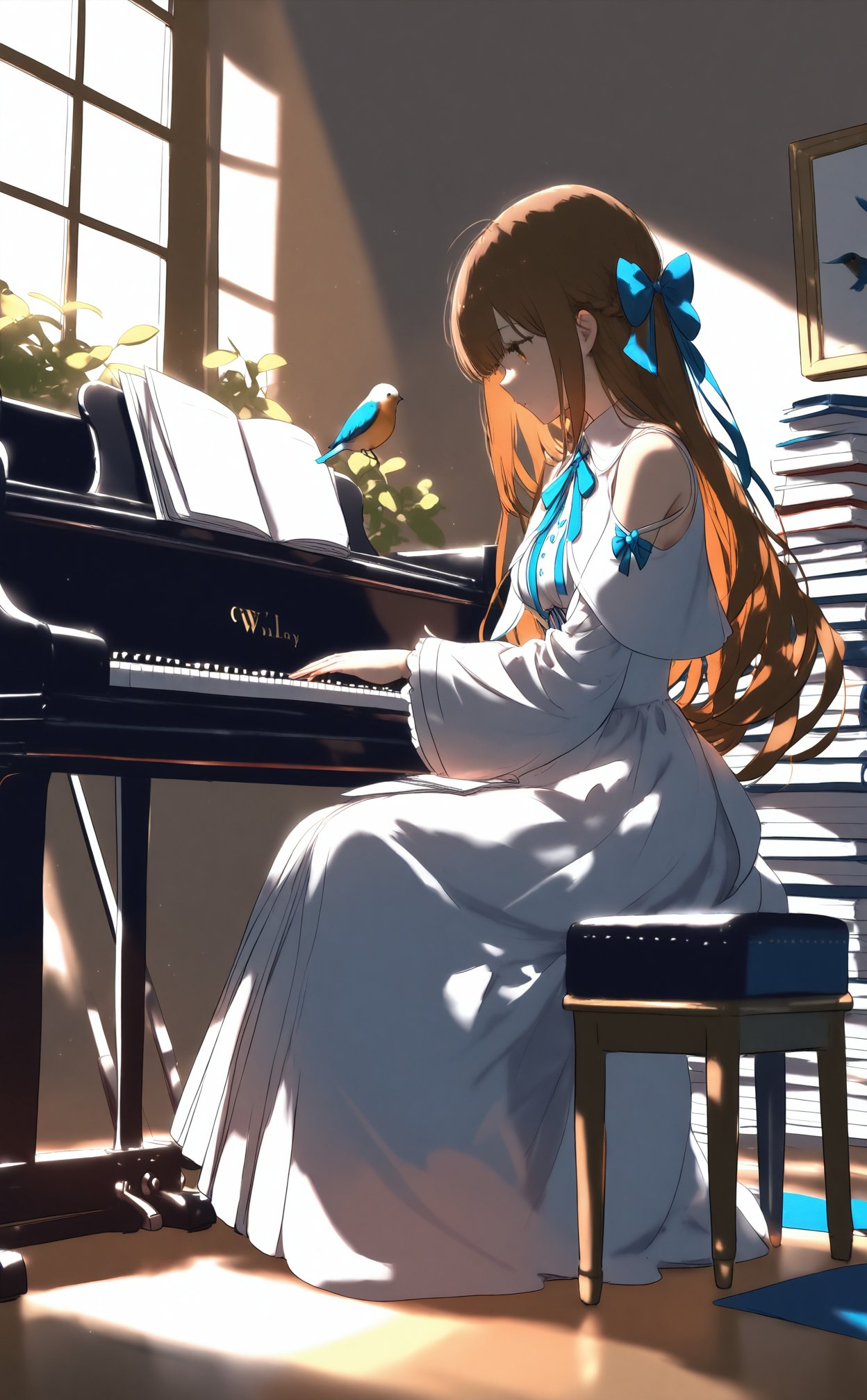 masterpiece,best quality,high quality,(colorful),nai3 Style,loli,1girl,instrument,piano,window,sitting,solo,white dress,shoulder cutout,long hair,book,indoors,dress,playing instrument,music,brown hair,long sleeves,ribbon,book stack,breasts,neck ribbon,brown eyes,hair bow,bow,light particles,profile,clothing cutout,sunlight,white capelet,bare shoulders,from side,looking down,white ribbon,wide sleeves,medium breasts,cross-laced clothes,blue ribbon,white bow,bird,sidelocks,envelope,cage,window shade,parted lips,