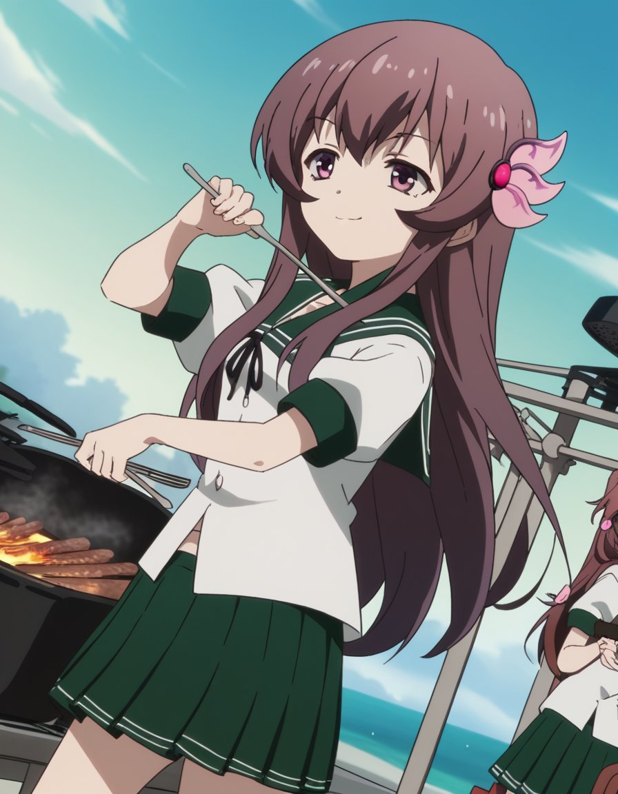 score_9, score_8_up, score_7_up, source_anime, <lora:kancolle-kisaragi-s1-ponyxl-lora-nochekaiser:1>, kisaragi, long hair, brown hair, hair ornament, brown eyes, purple eyes, kisaragi (kancolle), skirt, school uniform, short sleeves, pleated skirt, serafuku, green skirt,, backyard, barbecue, grilling, laughter, summer evening, , , smug, solo,, cowboy shot, dutch angle