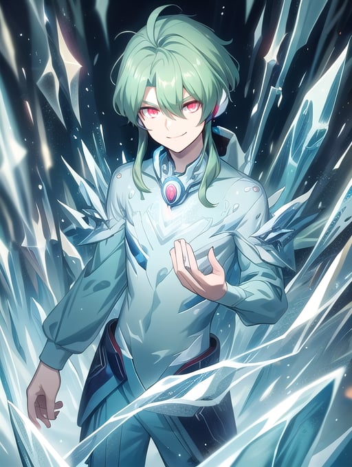 best quality, masterpiece, highres, detailed, digital artwork, <lora:Tools - add_detail:0.2>, IceElementCh, ice, blue theme, ice body:2,  <lyco:Change - IceElementCh:0.8>, JinkiV, glowing eyes, green hair, 1boy, red earphones, evil smile, <lora:Character - JinkiV:0.7>