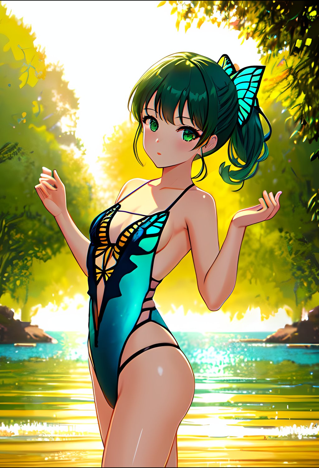 solo, girl, looking at viewer, half body, view from knees up, standing, standing straight, girl in full view, best quality, masterpiece, close up, small breasts, green hair, butterfly, swimwear, swim suit, one piece, hands behind back, hands hidden, <lora:Butterfly_clothing:2>  