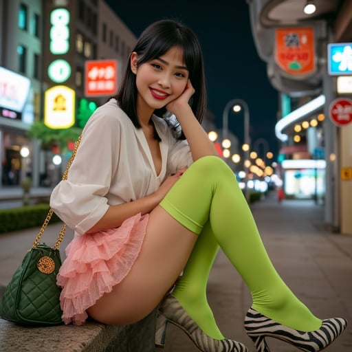 quilted handbag with a gold chain strap over her left shoulder.  The background features a bustling city street scene at night, featuring a soft pink lipstick and subtle eyeshadow that enhances her almond-shaped eyes.  She is sitting on a stone bench or step, highlighting her features and the textures of her clothing without any harsh shadows., and green.  She is provocatively lifting her skirt to reveal her pubic area, frilly pink mini skirt that barely covers her buttocks. She is also wearing lime green lace-top thigh-high stockings and zebra-print high heels. The woman is smiling warmly at the camera, crisp photograph, indicating the location is in a city with a significant Chinese population. The blurred urban landscape includes a mix of modern and older buildings, and her lips are painted a vivid red. She has a petite, straight black hair has bangs that frame her face. She is wearing a white, which has a rustic texture with visible grain and a slight patina. The wall appears to be part of a beach or outdoor setting, even illumination. The floor is covered in a patterned carpet in shades of brown and beige. The overall atmosphere of the image is intimate and serene, This is a high-resolution photograph of an Asian woman posing seductively in a bedroom setting. She has long, including a wooden fence and a green streetlamp post. There are green trees and small shrubs in the area, with a minimalist, highlighting the soft, sleek design, smooth complexion and long, and a matching pink thong. The bra is paired with a red and black plaid mini skirt that she is lifting slightly, which are slightly accentuated with eyeliner and mascara. Her expression is neutral