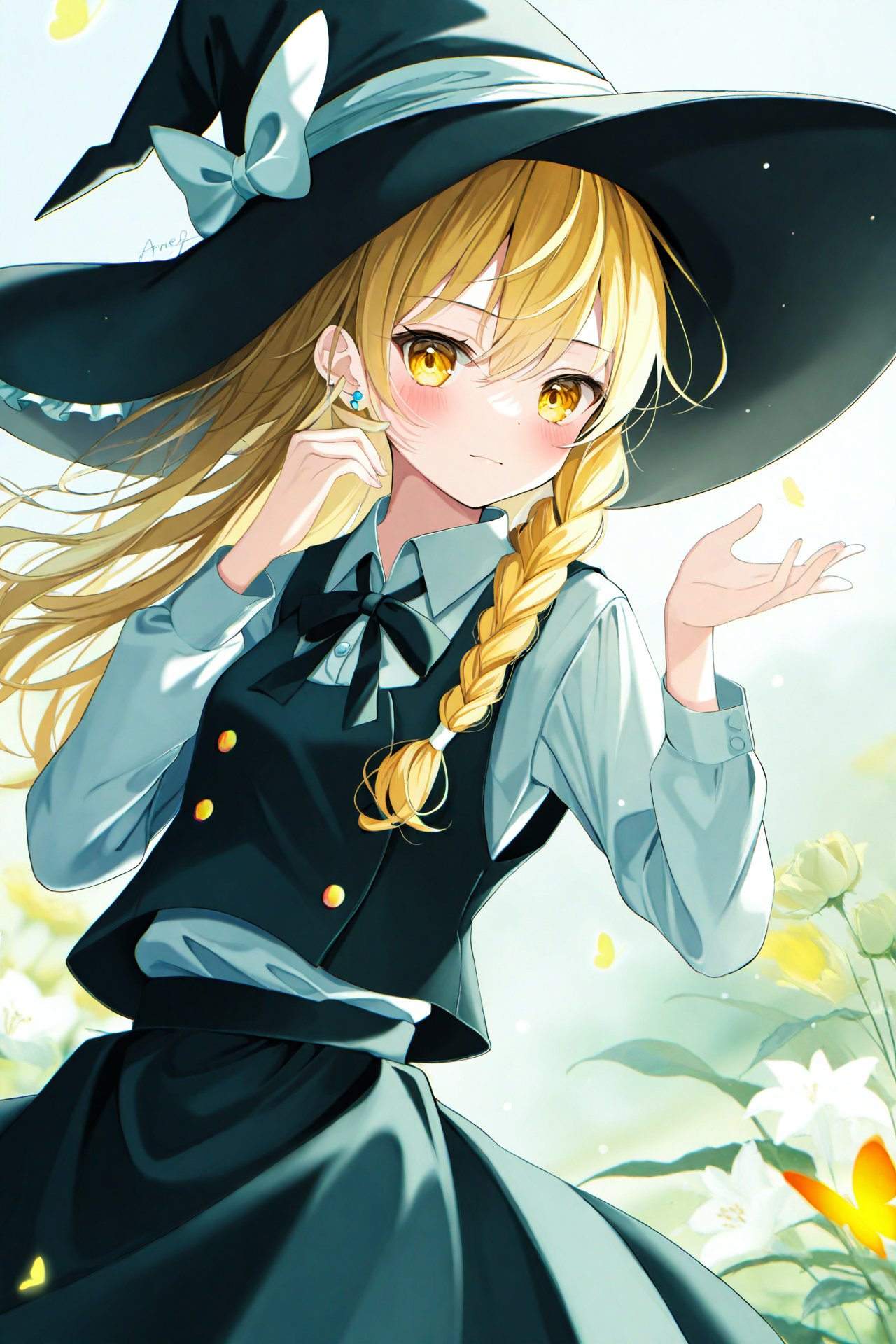 masterpiece,best quality,illustration,ultra detailed,hdr,Depth of field,(colorful),Artist ame929,1girl,hat,kirisame marisa,blonde hair,solo,yellow eyes,bug,witch hat,butterfly,long hair,braid,bow,flower,apron,black headwear,single braid,long sleeves,hair ornament,earrings,jewelry,white bow,hair flower,shirt,white shirt,closed mouth,hair between eyes,waist apron,white apron,black bow,white flower,hat bow,black skirt,blush,bowtie,skirt,black bowtie,looking at viewer,rose,hair bow,vest,black vest,frills,signature,buttons,hand on headwear,