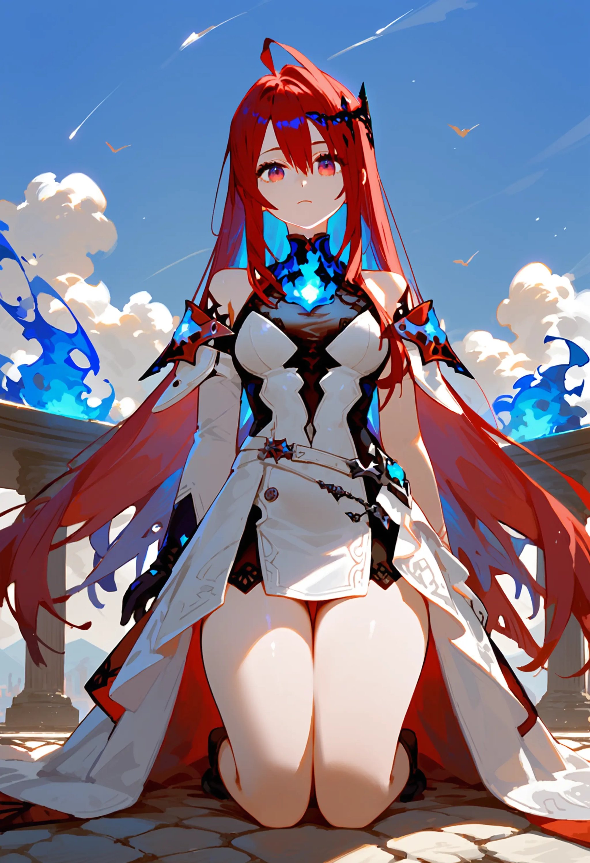 score_9, score_8_up, score_7_up, score_6_up,erb1, 1girl, long hair, bare shoulders, gloves, dress, blue fire, sleeves, (from front:1.1), kneeling, thighs, outdoors, skyBREAK <lora:KitsuneAi_ERBloodflame-XL_DoRA-V2-000005:1>