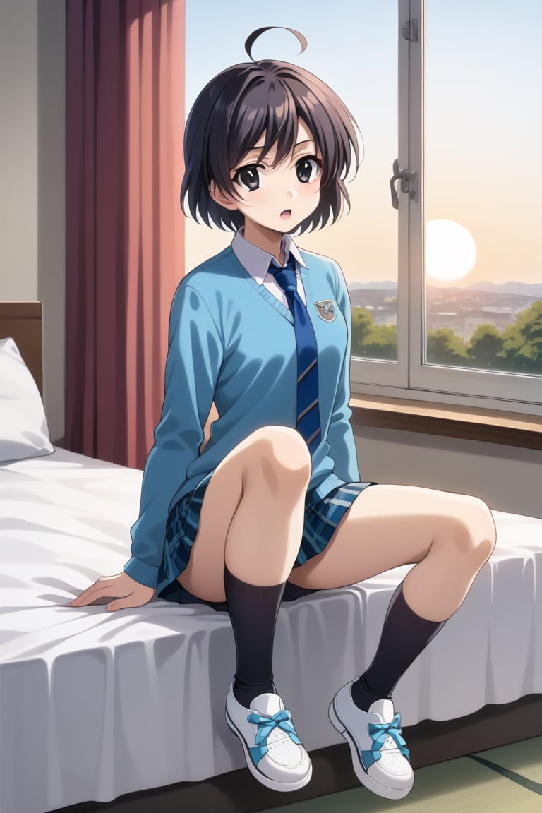 Highly detailed, High Quality, masterpiece, beautiful, 1girl, solo, (feminine focus, young woman, 16 years old), niki ookuma, short hair, black hair, ahoge, (black eyes:1.5), (detailed eyes, perfect eyes, pupils), mini skirt, school uniform, necktie, shoes, socks, (white_blouse, tie inside sweatshirt, skyblue sweater:1.5), plaid skirt, black socks, sneakers, curtains, bed, Open window, sunrise, sitting in bed, looking_at_viewer, open_mouth, full_body, Motion Blur, side_view, ,score_9<lora:EMS-409892-EMS:0.800000>, <lora:EMS-397136-EMS:0.900000>