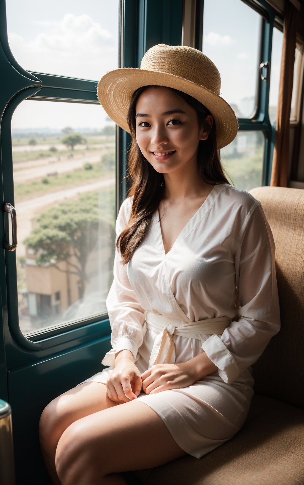 (nature, buildings history modern art, amazing unreal background),(natural colors, correct white balance, color correction, dehaze,clarity),RAW photo,full sharp,wallpapper 8k uhd,dslr,soft lighting,high quality,Fujifilm XT3,a beautiful girl dressed in European classical clothing,sitting on an old train across looking,African the window out scenery,Smile gently,skin blemishes,dimple,bird's nest hat,Out the window is the Serengeti,with African wildlife,The girl sat by the window of the train car looking out at the scene,the sunset,the setting sun,the warm light,sidelight,Outside the window,there is a large number of migrating wild animals,