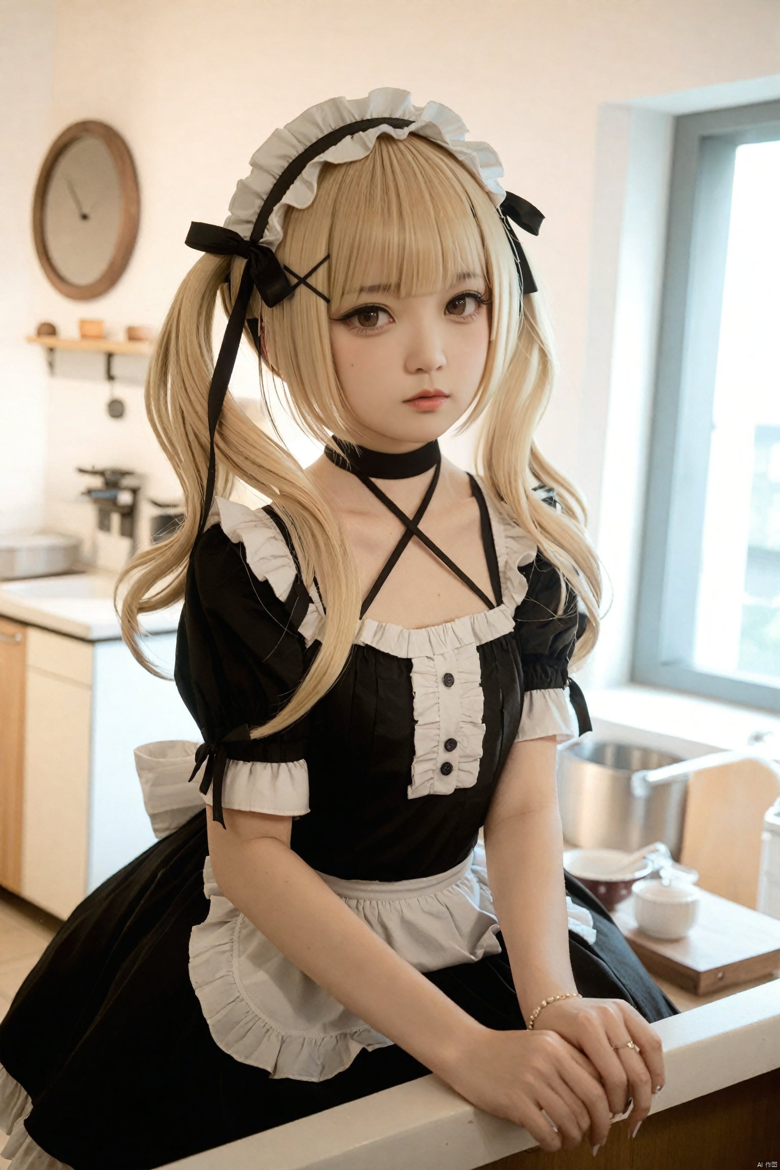 masterpiece,Realism,best quality,loli,1girl,solo,blonde hair,realistic,indoors,drill hair,kitchen,frills,hair ornament,black dress,dress,bare shoulders,x hair ornament,apron,blurry,hairband,sink,looking at viewer,detached sleeves,maid headdress,maid,halterneck,lolita hairband,hairclip,twintails,blunt bangs,brown eyes,gothic lolita,twin drills,ribbon,black ribbon,window,marie rose,photorealistic,bathroom,choker,lolita fashion,blurry background,arm up,collarbone,hair ribbon,lips,white apron,closed mouth,scrunchie,long hair,tiles,upper body,frilled dress,criss-cross halter,frilled sleeves,tile wall,frilled hairband,short sleeves,depth of field,nail polish,medium hair<lora:EMS-288516-EMS:0.000000>, <lora:EMS-300688-EMS:0.000000>, <lora:EMS-301024-EMS:0.300000>, <lora:EMS-339656-EMS:0.000000>, <lora:EMS-324355-EMS:0.000000>, <lora:EMS-344883-EMS:0.000000>