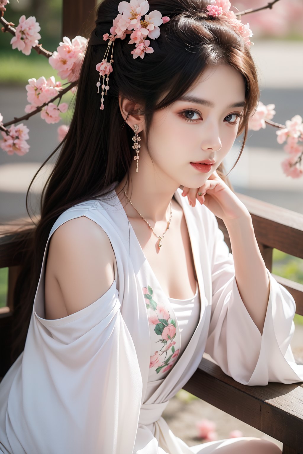 <lora:DT JL_20231017225505-000003:0.3>,1girl, jewelry, hair ornament, flower, solo, bracelet, dress, falling petals, long hair, sitting, earrings, petals, branch, chinese clothes, brown hair, hanfu, black hair, cherry blossoms, necklace, white dress, beads