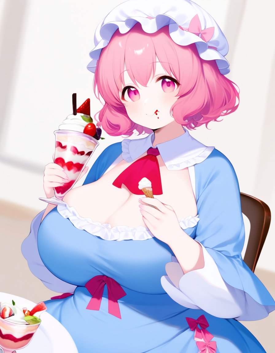 by achiki, happy, 1girl, saigyouji_yuyuko, pink short hair, pink eyes, blue dress, mob cap, triangular headpiece, plump, large breasts, confident, eating sundae, eating parfait, amazing quality, very aesthetic, absurdres