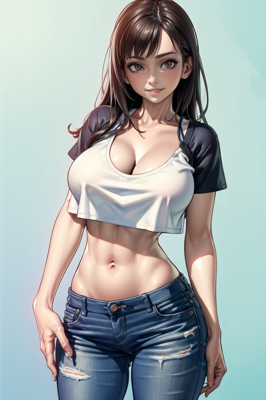 <lora:xxNIKICHENxx_v0.1a-000002:1.0>1girl, solo, long hair, breasts, smile, large breasts, brown hair, shirt, navel, cleavage, brown eyes, collarbone, white shirt, short sleeves, midriff, pants, lips, crop top, hand on hip, looking to the side, blue background, denim, jeans, nose, masterpiece, best quality, highly detailed