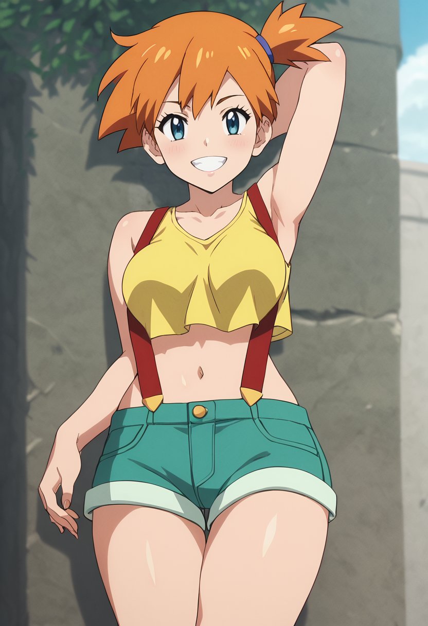 score_9, score_8_up, score_7_up,source_anime,anime coloring,perfect anatomy,cinematic_shadow,anime screencap,<lora:animestyle:1>finetuneanimeBREAK <lora:misty:1>misty, 1girl, solo, misty (pokemon), shorts, blue eyes, orange hair, side ponytail, smile, navel, breasts, looking at viewer, suspenders, crop top, midriff, collarbone, arm behind head, short shorts, short hair, yellow shirt, thighs, bangs, sleeveless, arm up, yellow tank top, bare shoulders, tank top, bare arms, green shorts, medium breasts, grin, blush, standing,outdoors, 