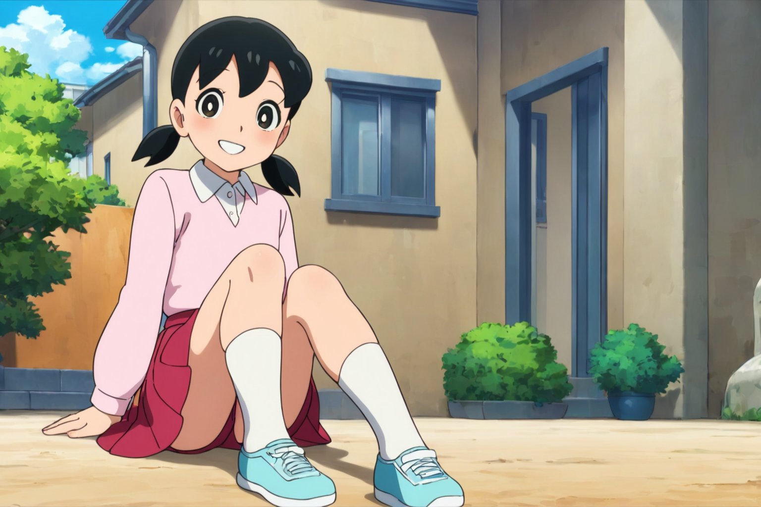 minamoto shizuka,1girl, solo, skirt, twintails, red skirt, black hair, smile, shirt, outdoors, sitting, black eyes, looking at viewer, yokozuwari, bright pupils, low twintails, long sleeves, shoes, pink shirt, white pupils, collared shirt, grin, day, socks, white socks, short twintails, on ground, building, full body, blush, arm support, teeth, sky,masterpiece, perfect face, best quality, beautiful eyes, shiny eyes, anime coloring, anime screencap, absurdres, award winning,  <lora:minamoto shizuka anyt 905:0.8>