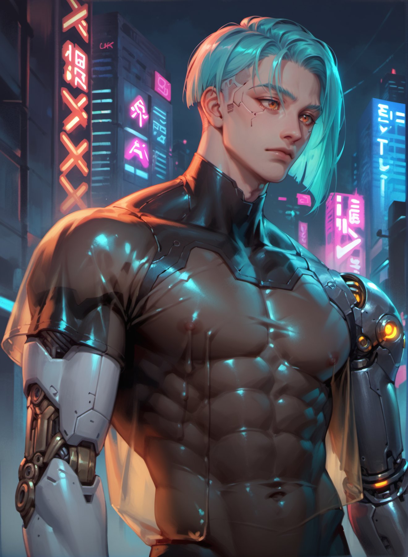 score_9, score_8_up, score_7_up, 1boy, bob cut, aqua hair, orange eyes, muscular, black leather shirt, transparent pvc raincoat, mechanical parts, mechanical arm, cyberpunk, night city, neon lights, upper body,