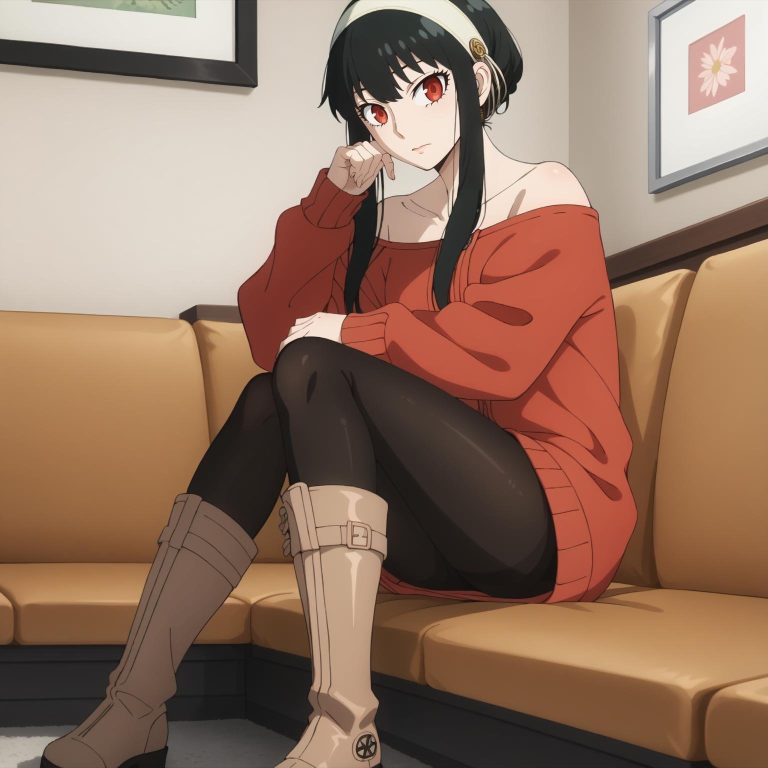 <lora:YorForgerXLpony004>,looking at viewer,solo,YorForger,1girl,black hair,red eyes,short hair with long locks,white hairband,off shoulder,red sweater,black pantyhose,boots,sitting,