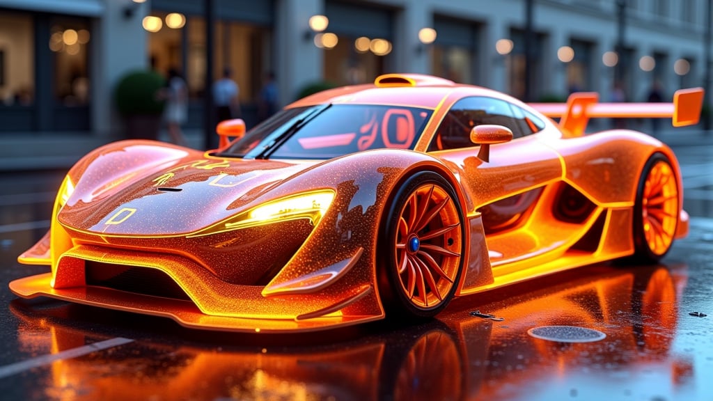 spectacular digital rendering of  a (transparent:1.8) DTM concept hyper car,  revealing internal mechanical components such as engine, car chassis, suspension, and internal wiring, detailed textures, detailed machinery,  accurate lighting and shadows, 8k quality, intricate patterns, high-definition, glossy Orange neon finish, vivid reflections, perfect lighting, busy street at night, BREAK