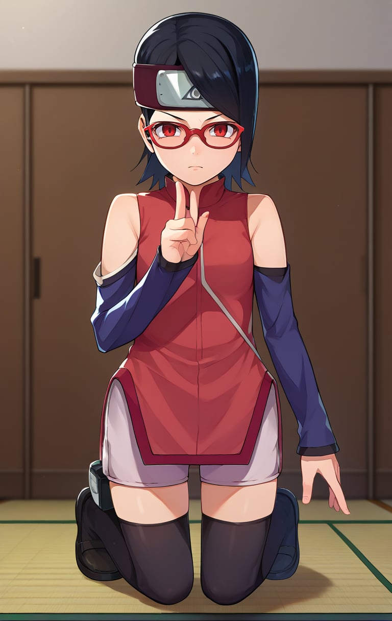 score_9,score_8_up,score_7_up,source_cartoon BREAK <lora:sarada:1>,saradaSDXL,1girl,black hair,thighhighs,red eyes,sharingan,shorts,detached sleeves,glasses,bike shorts,red-framed eyewear,forehead protector,konohagakure symbol,cowboy shot,room,room background,kneeling,v,