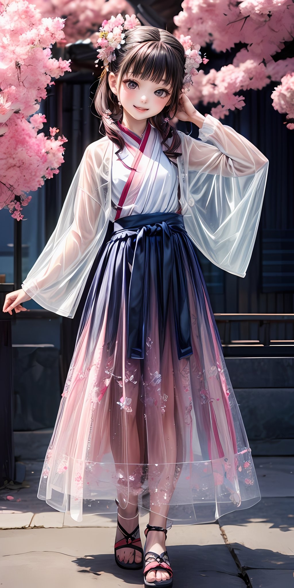 (masterpiece,ultra-detailed,best quality,8K,CG,illustration,shaved:1.0),(petite girl:1.0) <lora:more_details:1>, smile,simple background, <lora:china dress v1.0:0.6> jyojifuku, hair ornament,see-through,skirt,flower,cherry blossom