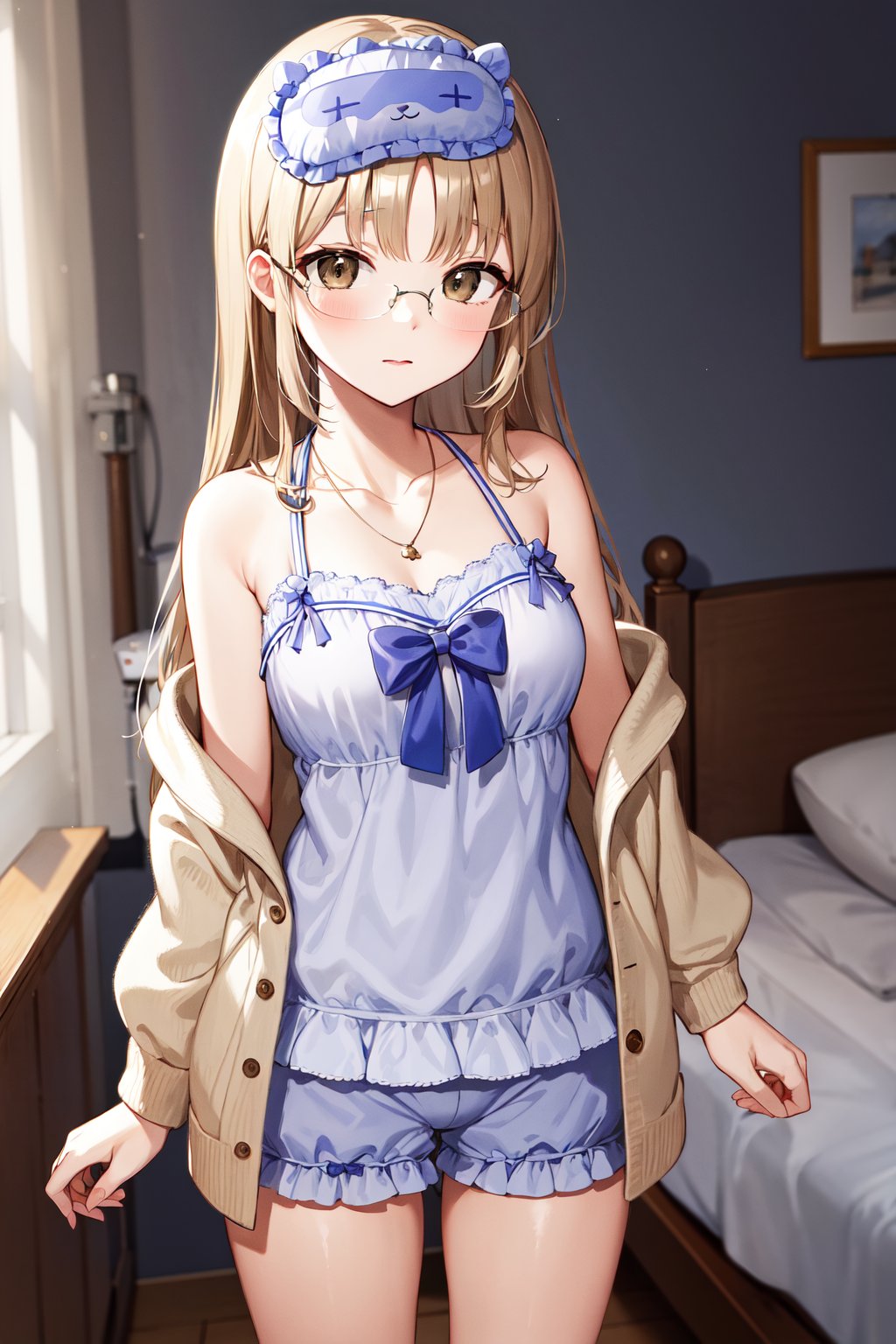 masterpiece, best quality, highres, eesister, long hair, sleep mask, glasses, collarbone, necklace, pajamas, camisole, blue bow, brown cardigan, open clothes, long sleeves, frilled shorts, white shorts, white bloomers, <lora:sister_cleaire_v2:0.7>, indoors, room, standing, cowboy shot, 