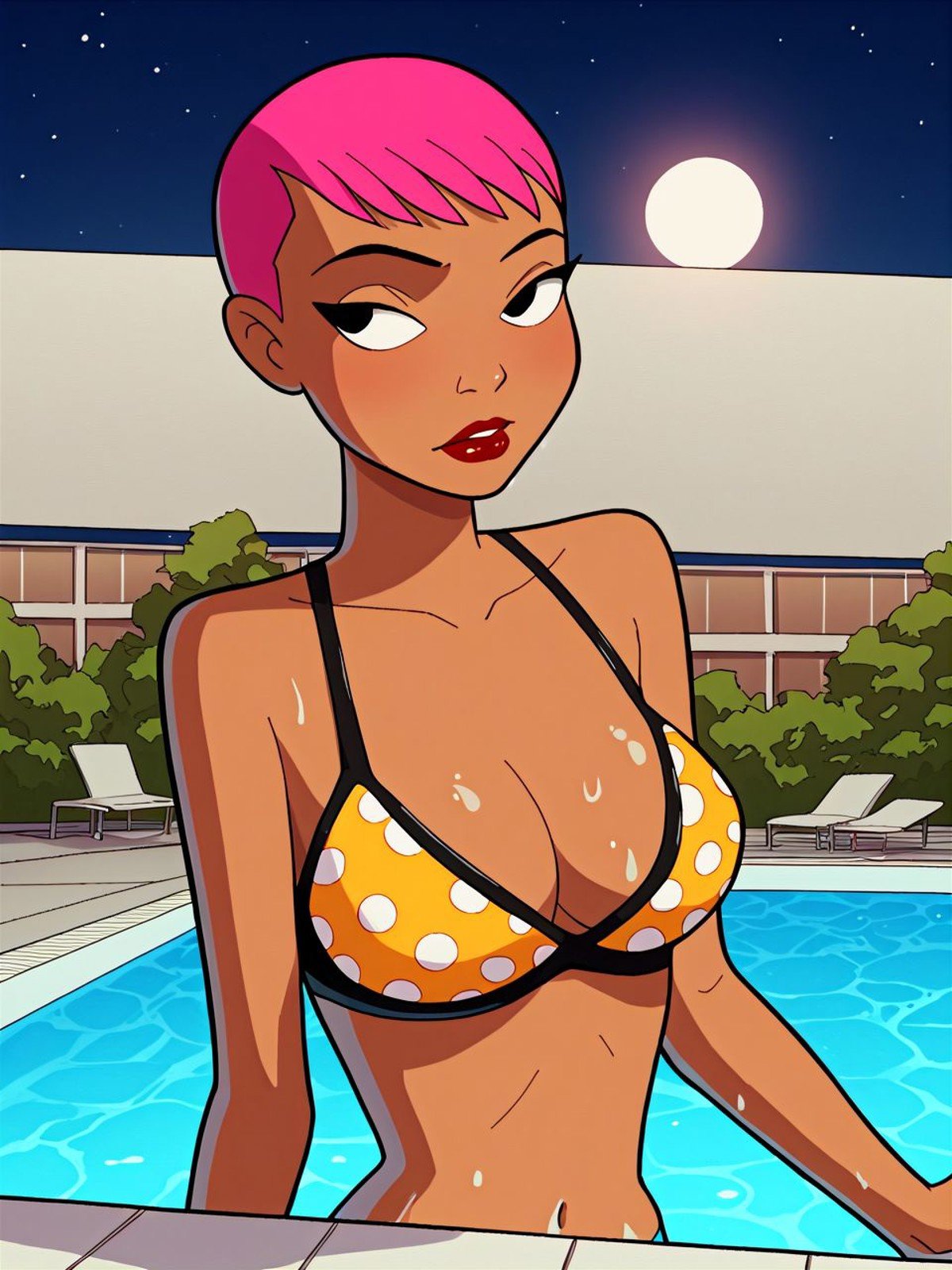 score_9,score_8_up,score_7_up,score_6_up, source_cartoon, BREAK solo, <lora:maxBB:0.8> maxbb, dark-skinned female, short hair, pink hair, black eyes, lipstick, night, swimming pool, yellow and black polka dot bikini, wet skin, dripping wet, emerging from pool