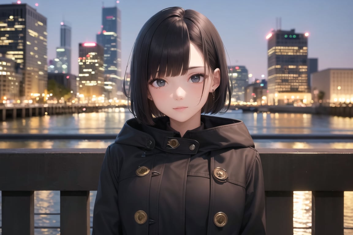 best quality, 1girl, solo, black hair, short bob, (black coat), night, city,