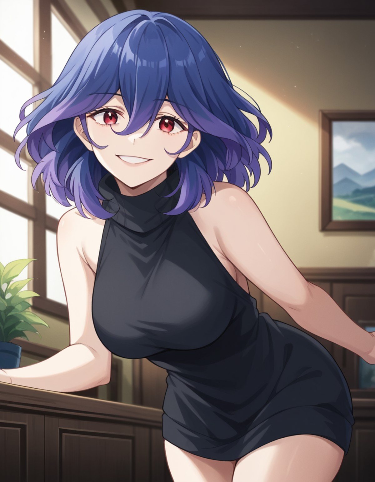 score_9, score_8_up, score_7_up, source_anime,vermeil, <lora:vermeil-s1-ponyxl-lora-nochekaiser:1>,vermeil, red eyes, hair between eyes, blue hair, purple hair, multicolored hair, medium hair,sweater, bare shoulders, sleeveless, turtleneck, black sweater, thighs,indoors, bent over, smile,looking at viewer, cowboy shot, solo, dutch angle,