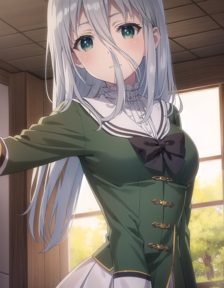 gekkosenko, <lora:sk gekko senko s1-lora-nochekaiser:1>,senko, long hair, hair between eyes, (green eyes:1.3), grey hair,BREAK bow, school uniform, serafuku, long sleeves, puffy sleeves, grey serafuku,BREAK indoors, classroom,BREAK looking at viewer, (cowboy shot:1.5),BREAK <lyco:GoodHands-beta2:1>, (masterpiece:1.2), best quality, high resolution, unity 8k wallpaper, (illustration:0.8), (beautiful detailed eyes:1.6), extremely detailed face, perfect lighting, extremely detailed CG, (perfect hands, perfect anatomy),