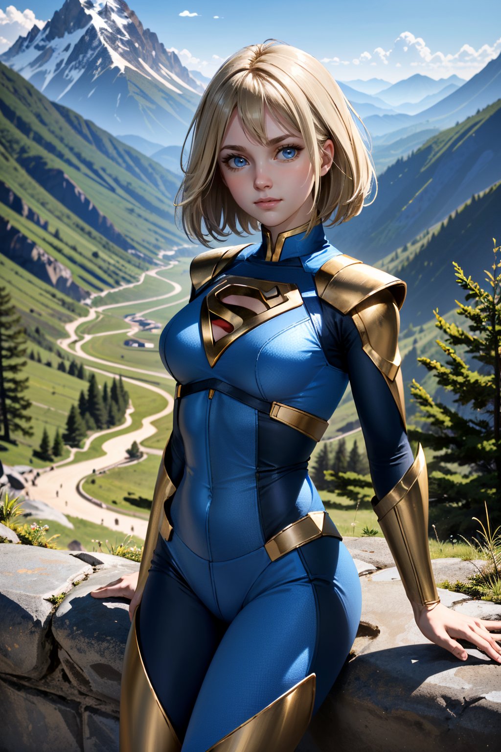 ((ultra detailed, masterpiece, absurdres)) <lora:I2SGirl:0.8>I2SGirl, medium hair, blonde hair, blue eyes, mountain trail, midday, clear and crisp light illuminating the landscape