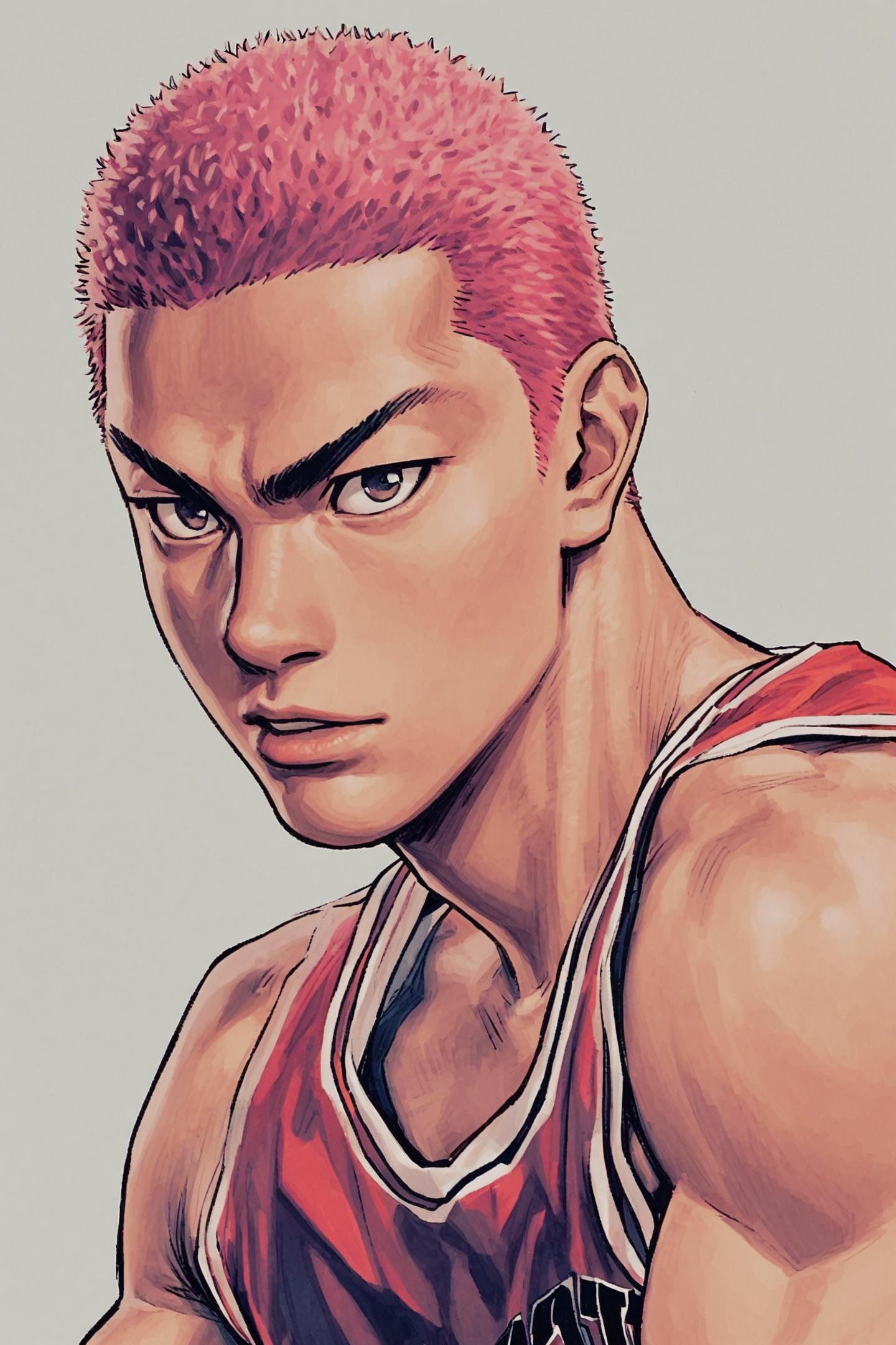 Sakuragi Hanamichi,1boy,male focus,solo,pink hair,looking at viewer,white background,sportswear,short hair,red basketball uniform,simple background,brown eyes,upper body,tank top,<lora:Inoue Takehiko_XL:0.8>,