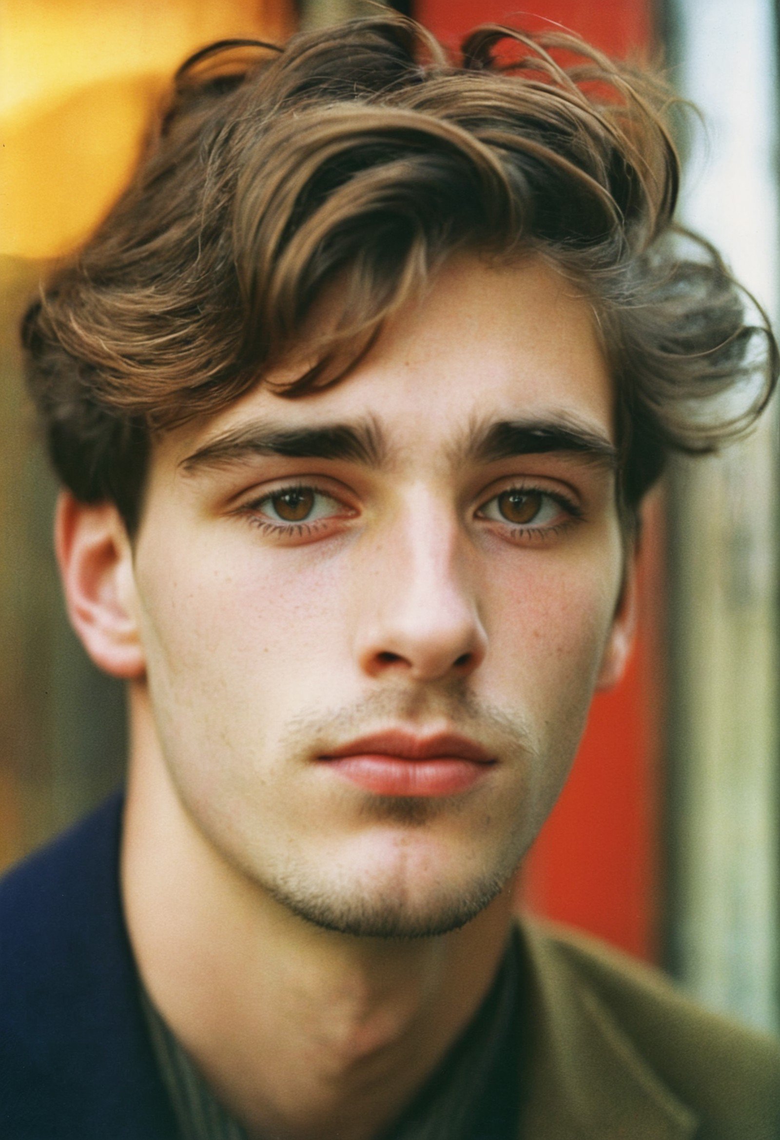 Portrait of a kind of a young man, twenty years with brown hair, childish, droopy eyes, unconventional beauty, moody atmosphere by Saul Leiter