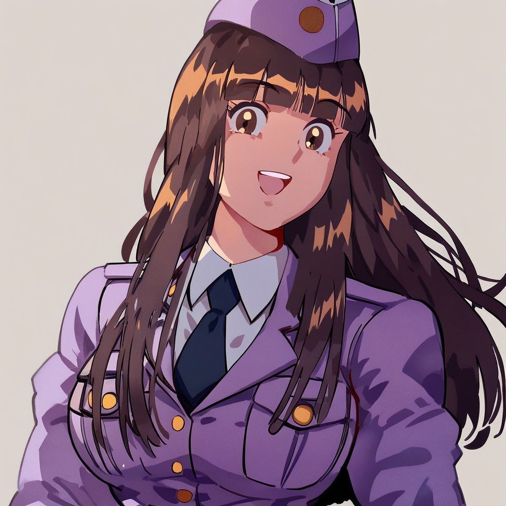 score_9, score_8_up, score_7_up, 1girl, solo, brown hair, breasts, hat, long hair, uniform, smile, necktie, large breasts, open mouth, brown eyes, looking at viewer, simple background, garrison cap, outdoor