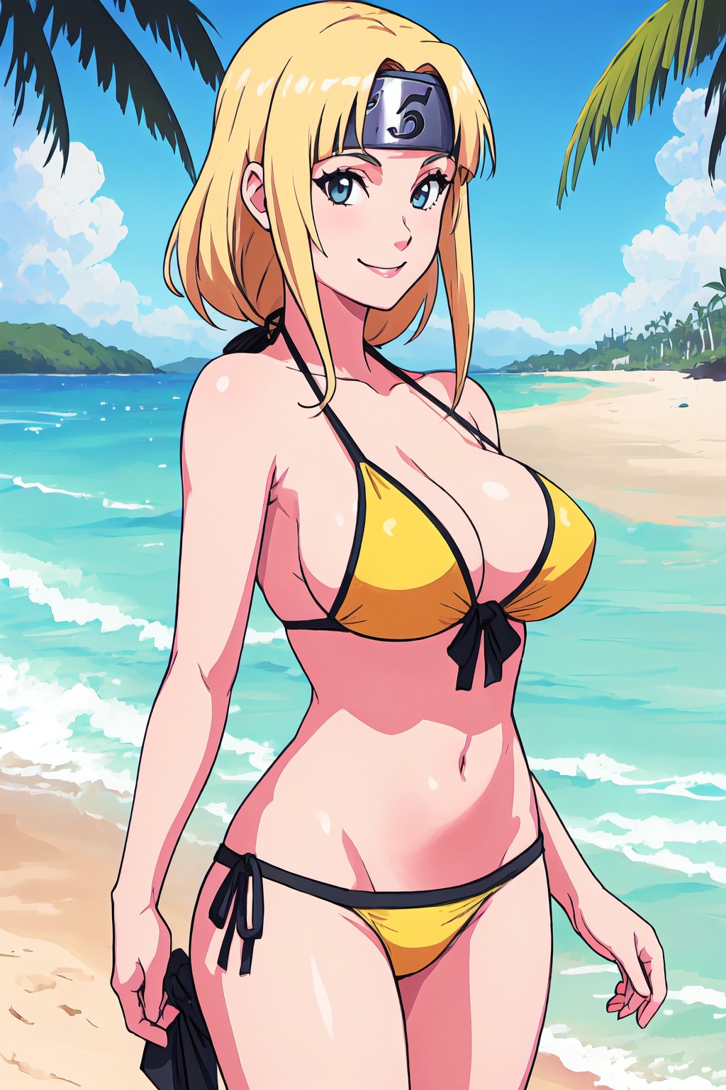 <lora:KishimotoStyle_1-step00002900:0.7>, solo, 1girl, forehead protector, headband, black headband, konohagakure symbol, large breasts, blonde hair, blunt bangs, bikini, beach background, sunshine, beautiful, smiling, looking at viewer, cowboy shot