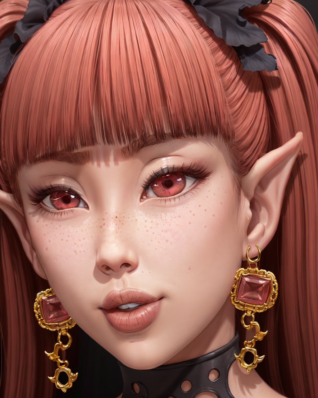 (majalis:1.2), (1boy, kylira:1.1), (closeup:0.7), femboy, freckles, gem earrings, bangs, jewelry, lips, parted lips, looking at viewer, earrings, eyelashes, pointy ears, red eyes, red hair, solo, square earrings, twintails <lyco:majalis_style_v2:0.6>