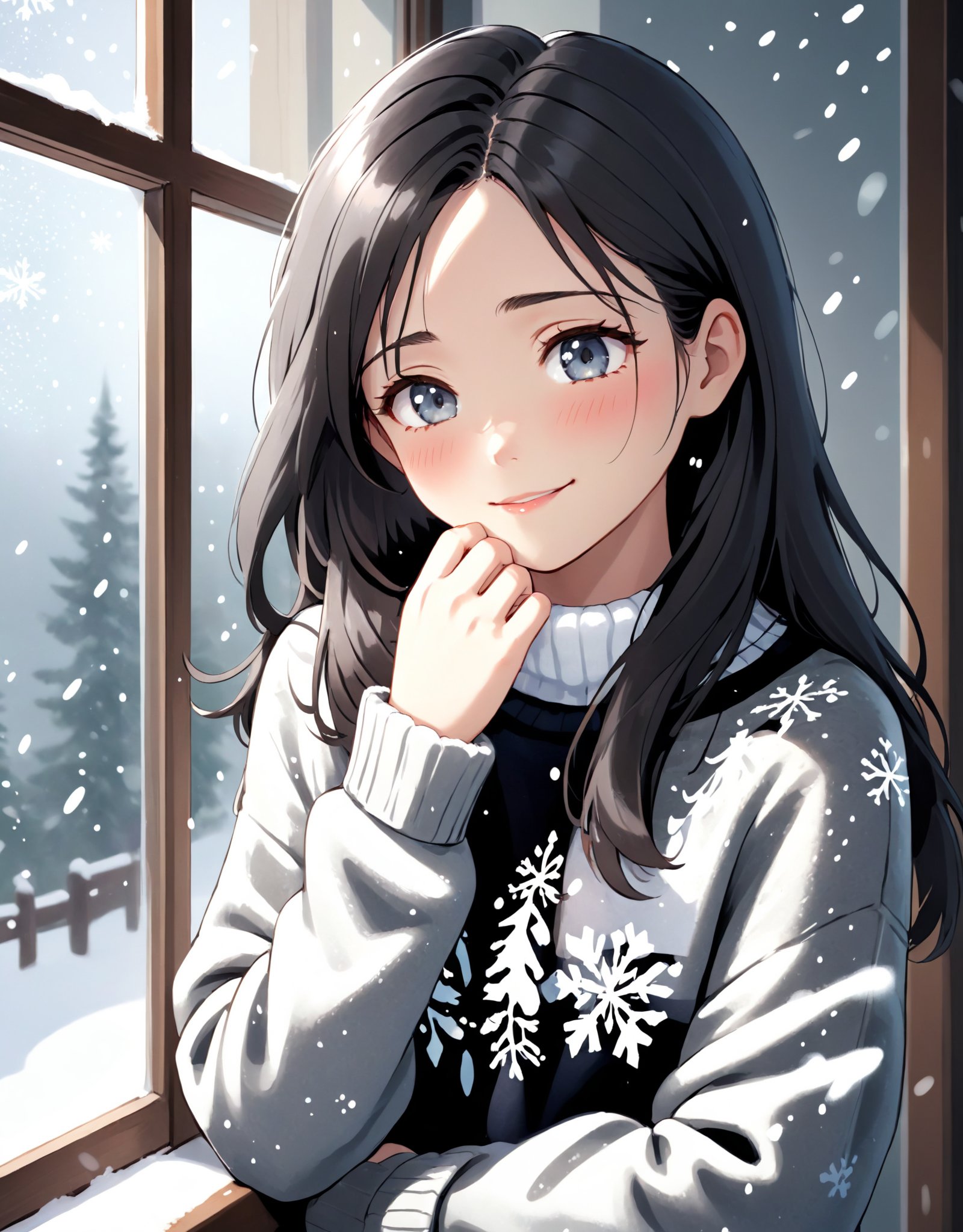 Photo of a girl wearing a gray sweater, with her hands tucked inside the sleeves, looking wistfully at the falling snowflakes outside a frosted window. Her dark hair falls gently over her shoulders, and a small smile plays on her lips as she enjoys the serene winter scene