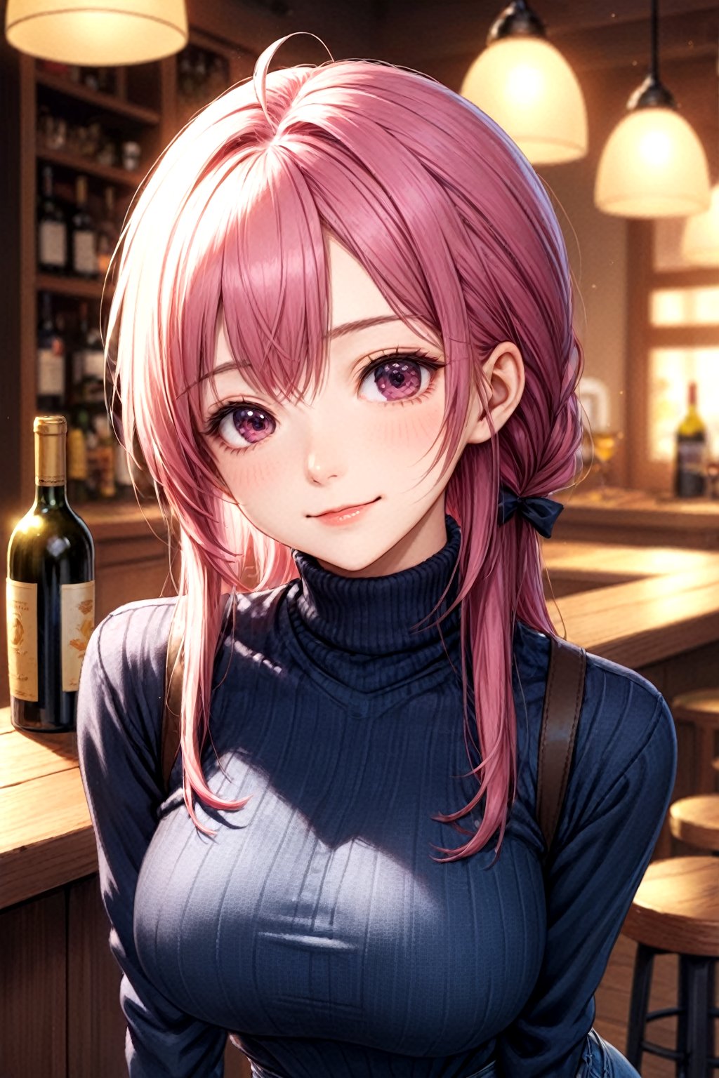 4k wallpaper,highres,kawaii,cute,1 girl, solo,lemonade hair, half-up, half-down,wine eyes,arms behind back,close view,from front,[smile,close mouth],((tight jeans pants and turtleneck sweater, overcoat):1.1),large breasts,leaning forward,BREAKsimple background, bokeh