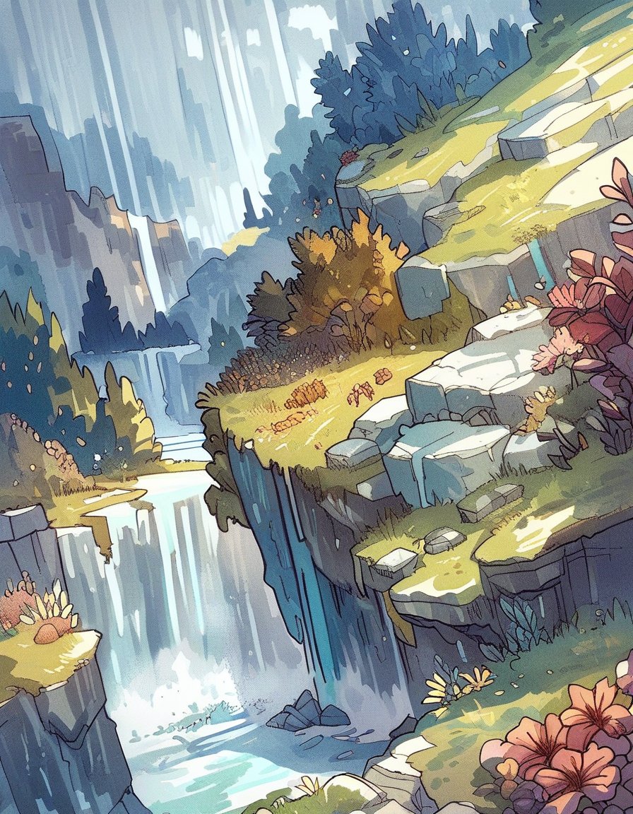 ncpy43 style magical fantasy landscape with a waterfall and flowers <lora:ncpy43 style:1>, score_9, score_8_up, score_7_up, score_6_up, score_5_up, score_4_up