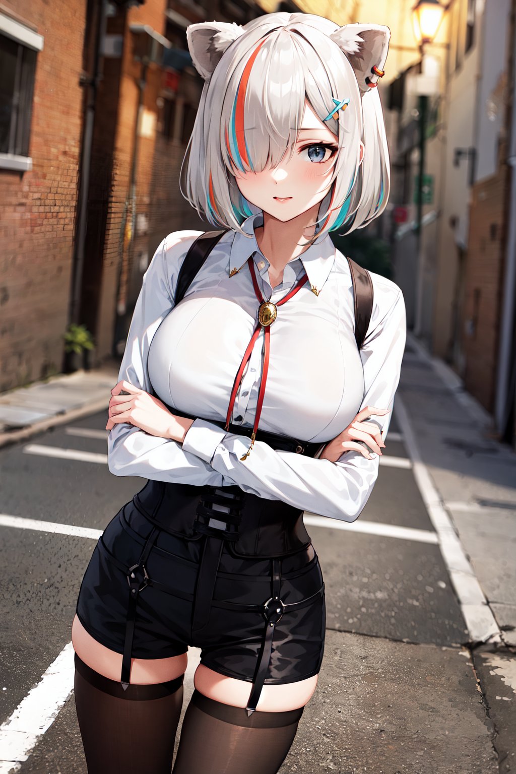 masterpiece, best quality, highres, ccbotan, short hair, multicolored hair, streaked hair, animal ears, hairclip, hair over one eye, ear piercing, large breasts, bolo tie, collared shirt, white shirt, long sleeves, harness, (underbust:1.2), black shorts, black pantyhose, <lora:shishiro_botan_v1:0.7>, crossed arms, night, street, alley, 