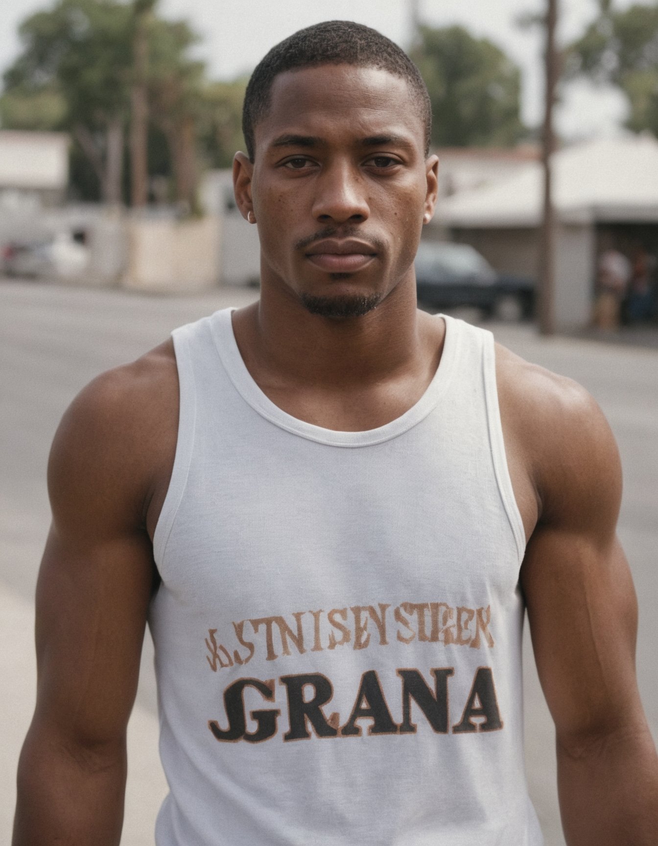 1990s, portrait photo of 25 y.o afro american man, Carl Johnson, white tank top, short hair, natural skin, looks away, los angeles street, Grove Street Families gang, (cinematic shot, film grain:1.1)