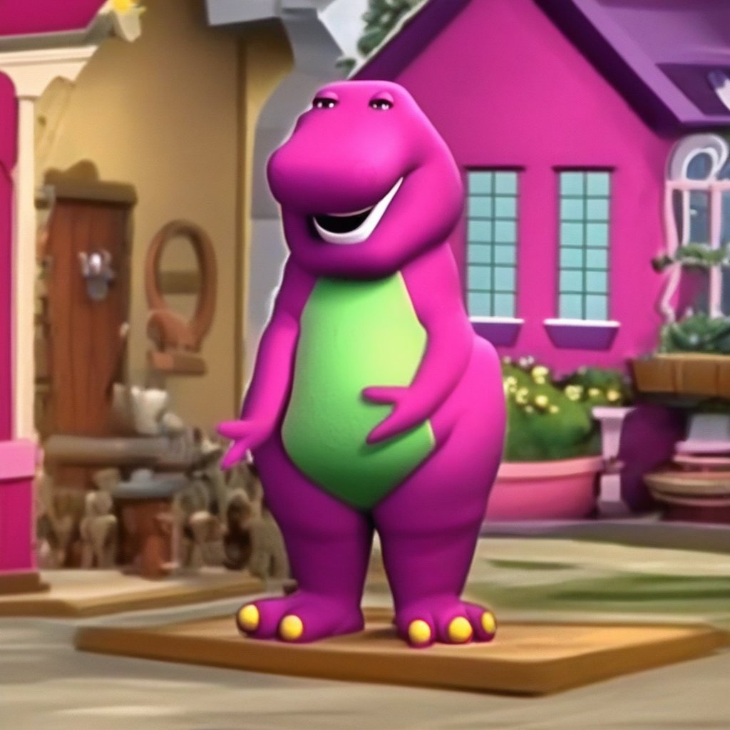 Barney the dinosaur standing out front a house on a sunny day