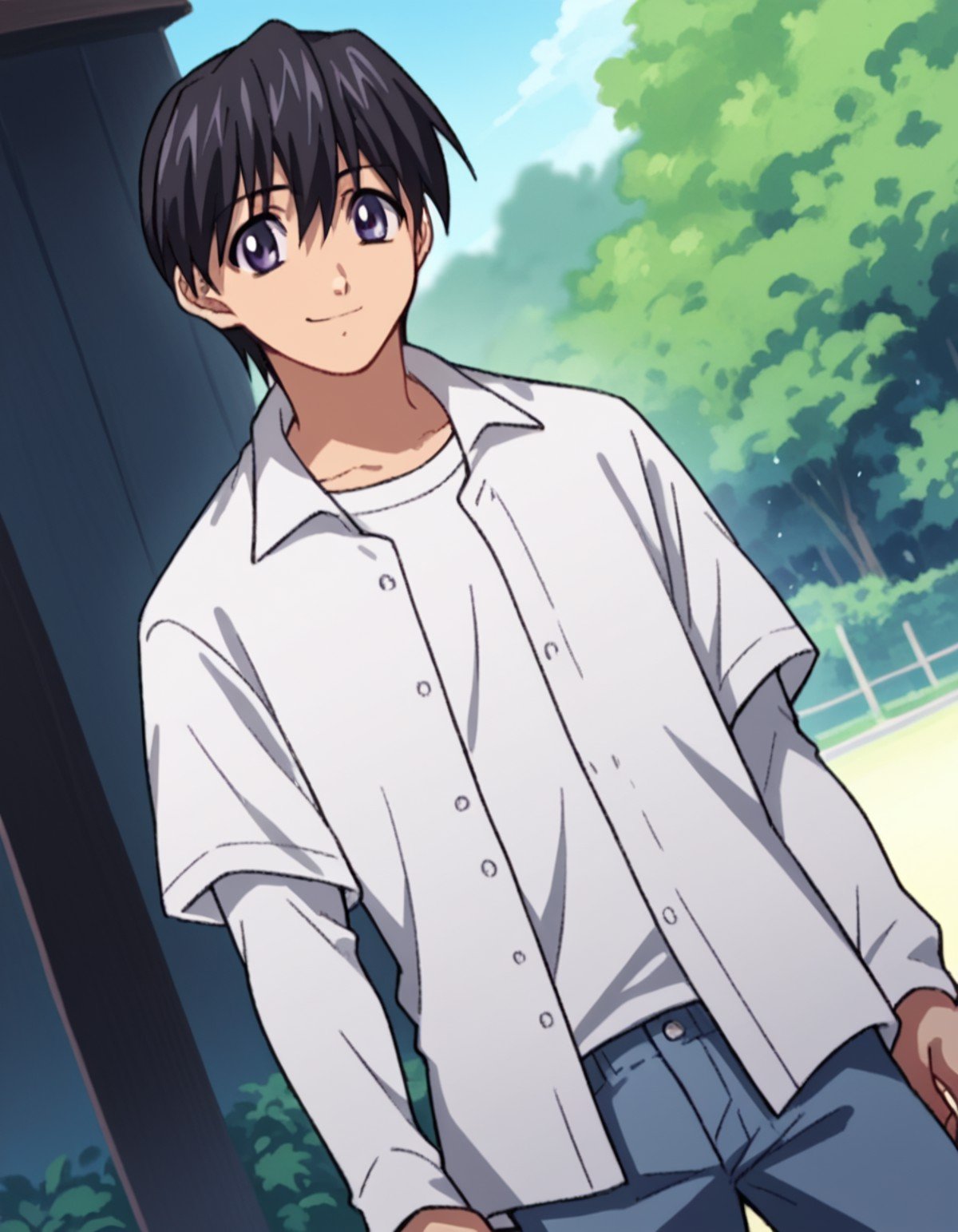 score_9, score_8_up, score_7_up, source_anime,elfenliedkouta, <lora:elfen-lied-kouta-s1-ponyxl-lora-nochekaiser:1>,kouta, purple eyes, black hair, male focus,shirt, long sleeves, white shirt, short sleeves, open clothes, pants,outdoors, smile,cowboy shot, looking at viewer, solo, dutch angle,