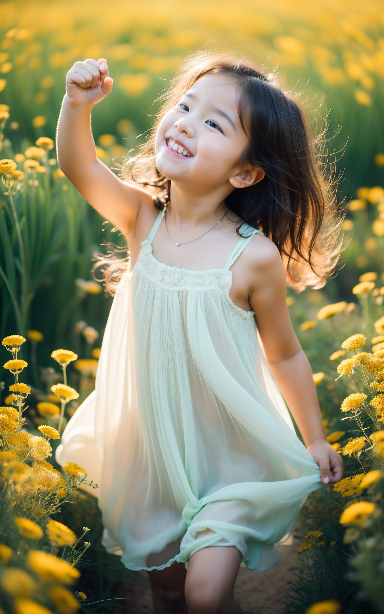 A young girl,adorned in a delicate sundress,gracefully tiptoes through a vibrant sea of wildflowers. Her golden curls bounce as she bends to pluck each blossom,her laughter mingling with the sweet fragrance of the flowers. Sunlight filters through the petals,casting a soft glow on her cherubic face,creating a scene of pure joy and innocence,