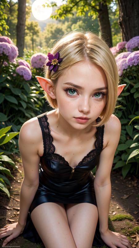 raw photo, fashion photography of cute (1girl), green eyes, blonde, hair ornament, short hair, blush, lipstick, slim, slim body, perfect detailed face, naughty face, detailed eyes, ((fantasy forest)), ((small flowers around)), detailed legs, barefoot, ((dark sunset)), ((darkness)), elf ears, ideal bobtail, black silk dress, intricate silver-colored ornaments, magic flowers, ((small moon)), dim colors