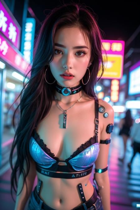 Cyberpunk,1girl,cyberpunk,neon lights,solo,jewelry,long hair,earrings,blurry,belt,midriff,collar,breasts,lips,blurry background,parted lips,navel,black hair,realistic,piercing,science fiction,bare shoulders,looking at viewer,outdoors,choker,arms at sides,upper body,depth of field,bracelet,crop top,city,mechanical arms,standing,small breasts,single mechanical arm,brown eyes,red hair,medium breasts,cowboy shot,cable,collarbone,armlet,chain,night,looking to the side,brown hair,tattoo,necklace,makeup,ear piercing,blue eyes,nose,see-through,bra,hoop earrings,denim,buckle,leather,looking away,street,underwear,tank top,black eyes,gloves,(cyborg:1.4),fishnets,cleavage,building,lipstick,glowing,detached sleeves,road,solo focus,red lips,pants,hologram,lights,asymmetrical clothes,skirt,belt buckle,armband,teeth,light,multicolored hair,artist name,navel piercing,closed mouth,prosthesis,sign,signature,android,best quality,masterpiece,illustration,an extremely delicate and beautiful,CG,unity,8k wallpaper,Amazing,finely detail,masterpiece,official art,extremely detailed CG unity 8k wallpaper,incredibly absurdres,huge filesize,ultra-detailed,highres,extremely detailed,beautiful detailed girl,realistic,<lora:Cyberpunk_20240203065206:0.8>,