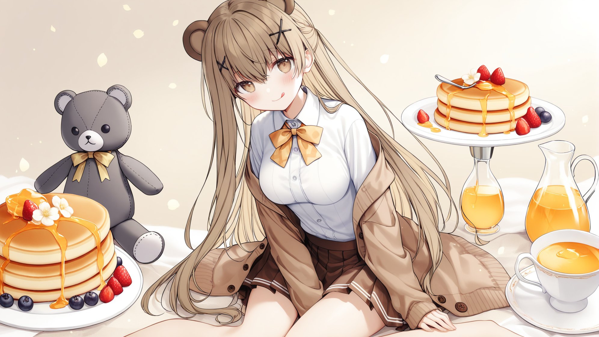 1girl,solo,long hair,breasts,looking at viewer,blush,smile,bangs,skirt,brown hair,shirt,hair ornament,long sleeves,bow,animal ears,hair between eyes,brown eyes,medium breasts,very long hair,closed mouth,jacket,white shirt,braid,flower,pleated skirt,food,open clothes,tongue,hairclip,collared shirt,tongue out,off shoulder,sleeves past wrists,dress shirt,stuffed toy,cardigan,stuffed animal,x hair ornament,white flower,yellow bow,:q,teddy bear,hand between legs,brown jacket,orange bow,bear ears,brown cardigan,brown bow,pancake,honey,