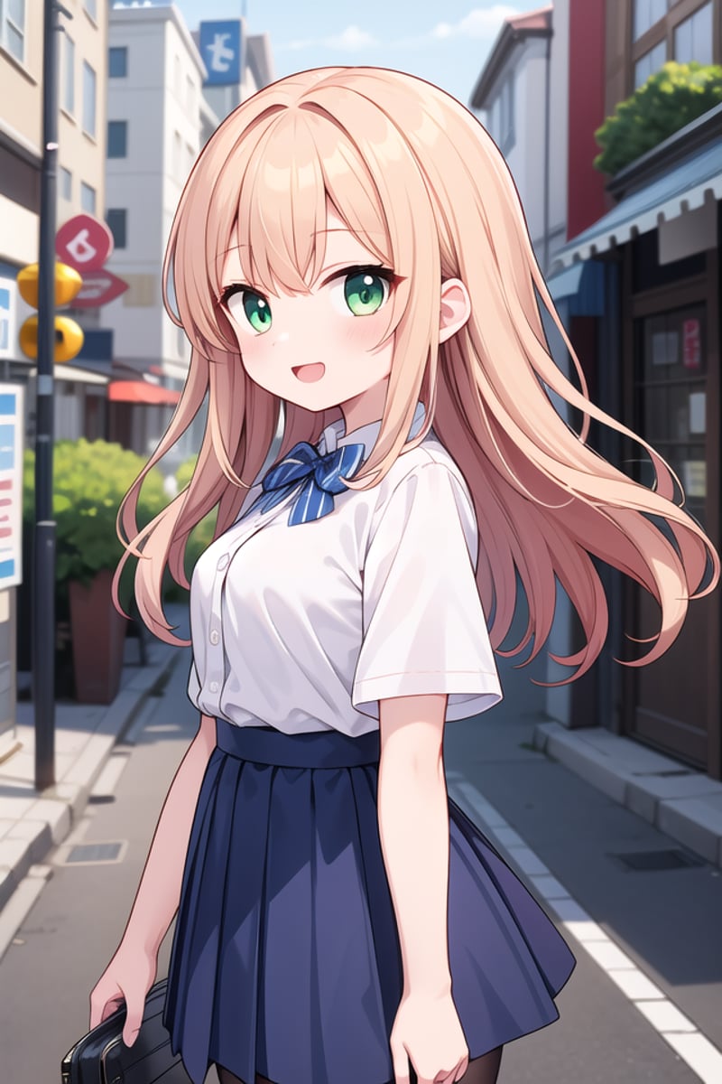 insanely detailed, absurdres, ultra-highres, ultra-detailed, best quality,1girl, solo, nice hands, perfect handsBREAKsummer school uniform, (plain dark blue skirt with many pleats:1.4), (striped indigo blue bowtie:1.3), short sleeves, white shirt, shirt with white button, shirt_tucked_inBREAK(breast pocket, vest, blazor, long sleeves, checked skirt, striped skirt, striped shirt, striped sleeves, bra visible through clothes, skirt with frill:-1)BREAK(nsfw:-1.5)BREAKsmile, open mouthBREAKfrom side,standing, cowboy shot, looking at viewerBREAKslender, kawaii, perfect symmetrical face, ultra cute girl, ultra cute face, ultra detailed eyes, ultra detailed hair, ultra cute, ultra beautifulBREAKin japanese street, cityscape in japan, depth of field, ultra detailed backgroundBREAKlarge breastsBREAKorange hair, green eyes, wavy hair,